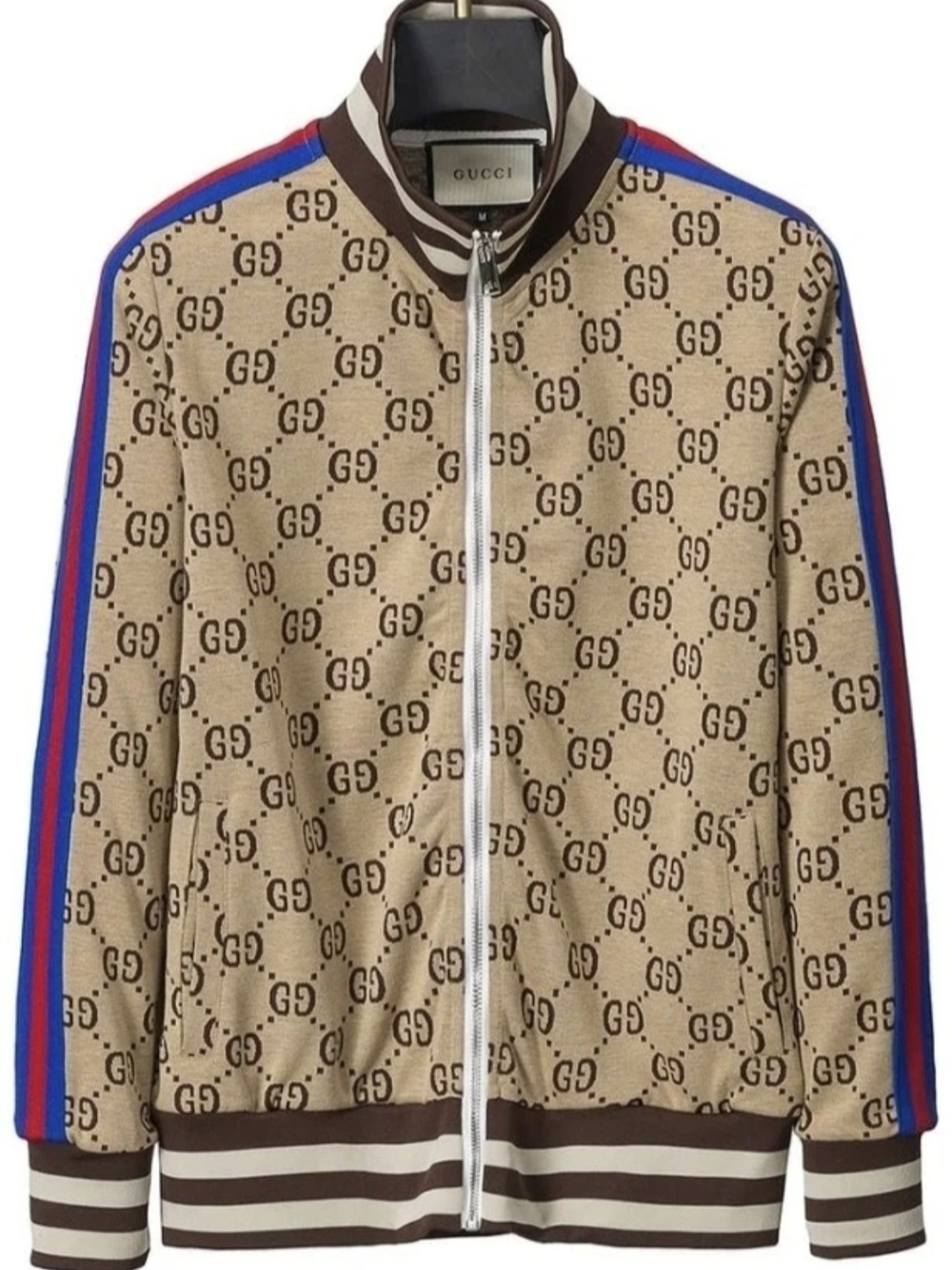 Beige Logo Zip Jacket with Blue & Red Shoulder Stripes Size Womens Large